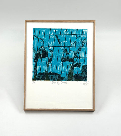 Dancing Cranes - Linocut Print (Framed)