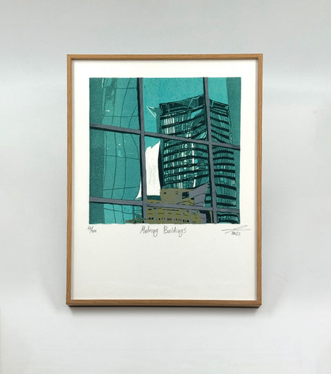 Melting Buildings - Linocut Print (Framed)