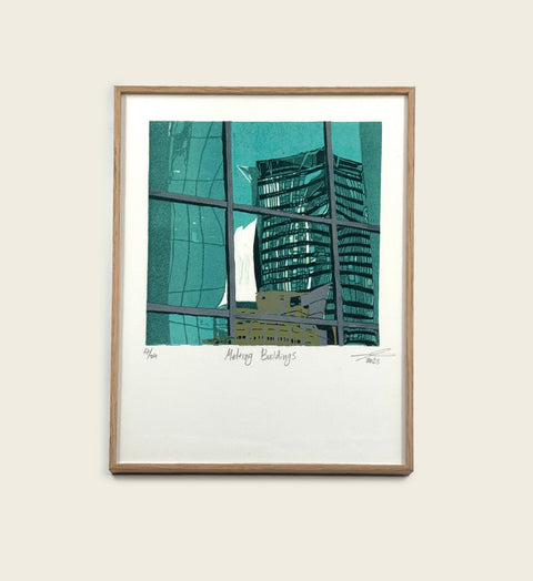 Melting Buildings - Linocut Print (Framed)